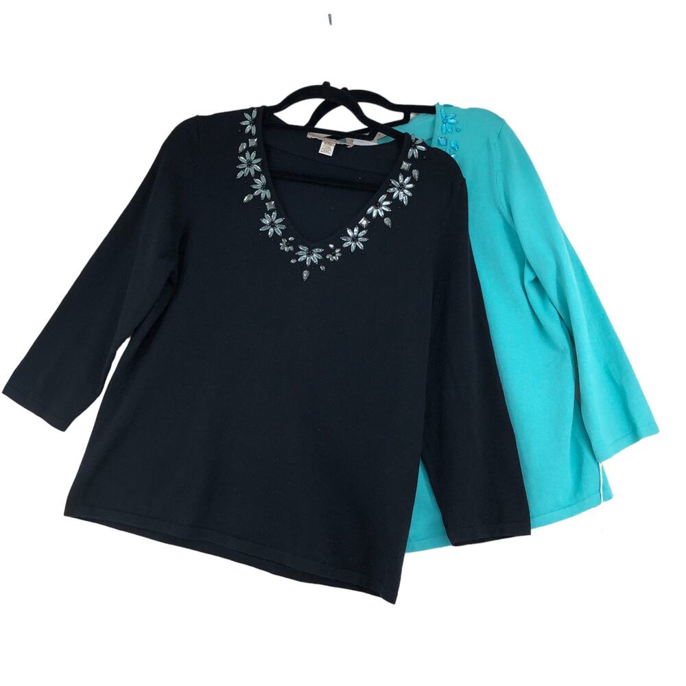Belford Womens Size L Top Black Blue Embellished Knit 2 Piece Bundle TINY FLAW